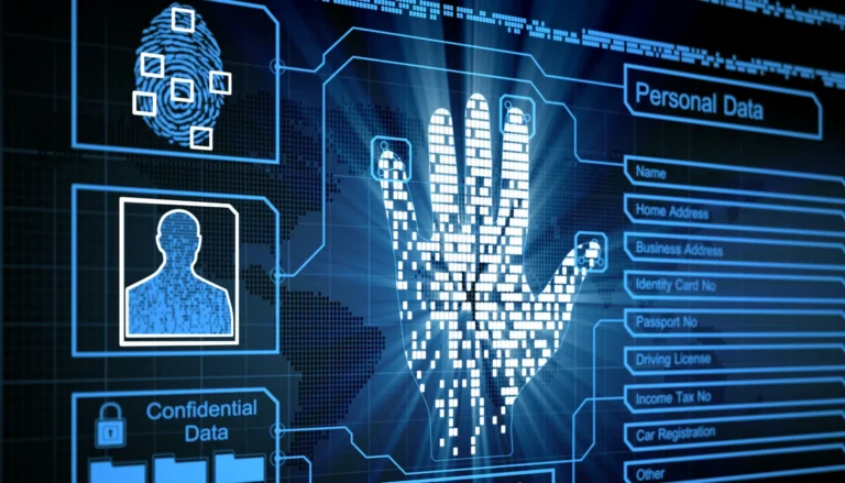 Vitrine numérique illustrant la protection des données personnelles et la cybersécurité, avec éléments graphiques représentant empreinte digitale, identité numérique et sécurité informatique pour le site Haas Avocats.