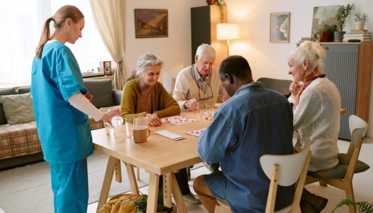 ALT : Professionnelle soignant des personnes âgées jouant à un jeu de société avec un groupe de seniors dans un salon chaleureux et lumineux.