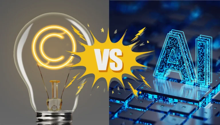 Ampoule lumière avec symbole copyright, contraste avec clavier et lettre A en hologramme bleu numérique.