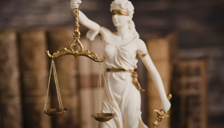 Balance de justice ornée de chaînes dorées, symbole d'équité et de légalité, avec des livres de droit en arrière-plan qui reflètent l'expertise juridique et l'accompagnement professionnel.