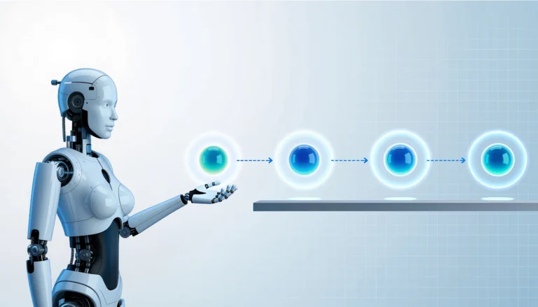 Robot humanoïde interagissant avec des sphères lumineuses, symbolisant l'intégration de la technologie dans le secteur juridique, avec une expertise en droit de l’innovation.