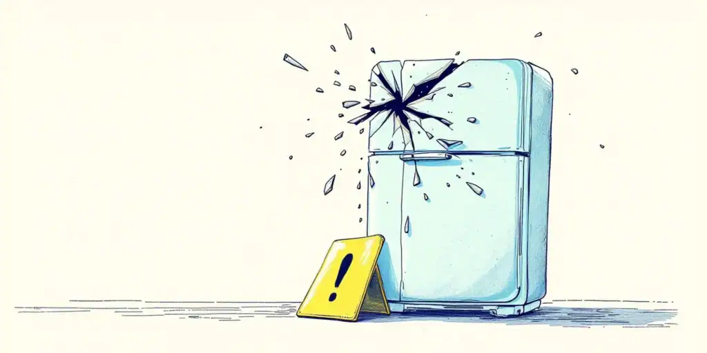 Image d’un frigo cassé avec panneau de signalisation.