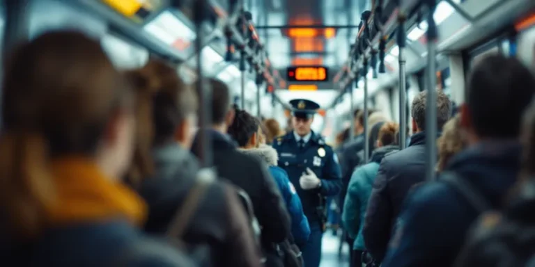 Image d'une agente de police inspectant des passagers dans un bus urbain, illustrant la surveillance et la sécurité dans les transports publics.