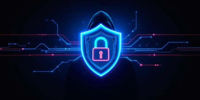 Image d'un personnage en cyberattaque avec un bouclier numérique lumineux. Représente la sécurité juridique et la protection en droit, essentielle pour les services d'avocats en ligne.