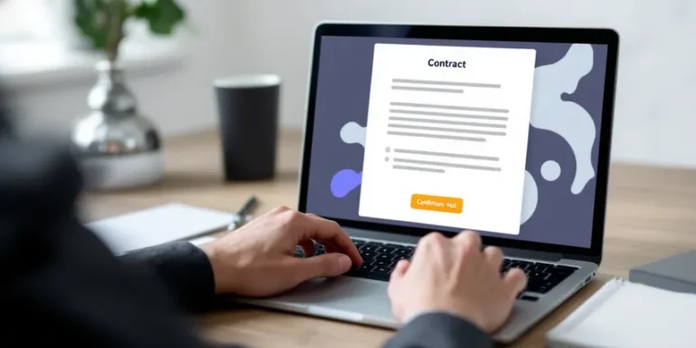 Un contrat digital affiché sur un ordinateur avec bouton de confirmation, illustrant la rédaction et la gestion légale numérique.