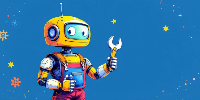 Robot avec clé à molette, illustration brillante et moderne, symbolisant la réparation et le dépannage pour un site d'assistance technique. Idéal pour renforcer la crédibilité et l'expertise en services de réparation.