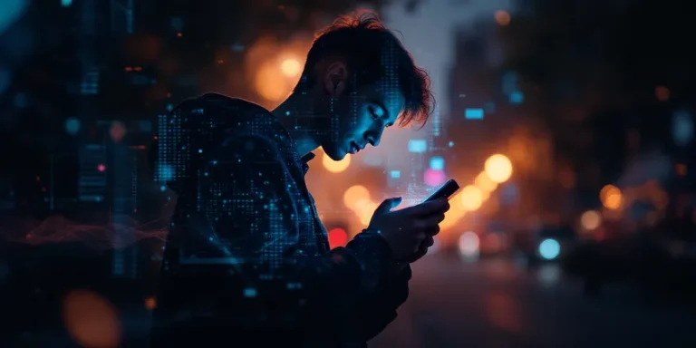 Un jeune homme utilise son smartphone dans une ville éclairée la nuit, illustrant l'importance des technologies digitales dans le domaine juridique et l'innovation chez Haas Avocats.