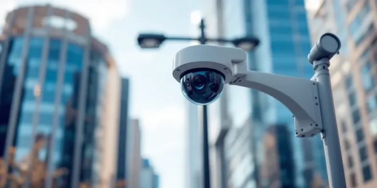 Caméra de sécurité moderne en milieu urbain avec bâtiments de ville en arrière-plan pour la sécurité des espaces publics et la vidéo surveillance.