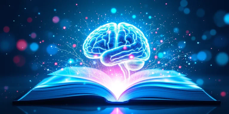 Illustration numérique du cerveau humain émettant une lumière bleue brillante, flottant au-dessus d'un livre ouvert, symbolisant la connaissance, l'intelligence et la neuroscience.
