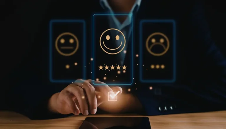 Évaluation de la satisfaction client via un sondage numérique, illustrant l'importance du cadre juridique pour les avis en ligne des professionnels.