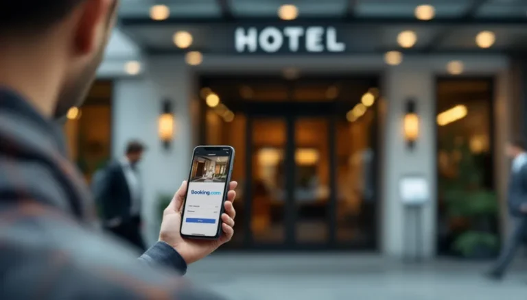 Personne utilisant un smartphone devant un hôtel, illustrant la réservation en ligne et la fin des clauses abusives sur les plateformes de réservation.