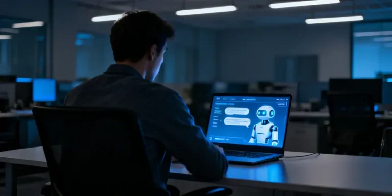 Personne travaillant sur un ordinateur avec un robot IA illustrant la cybersécurité en entreprise.