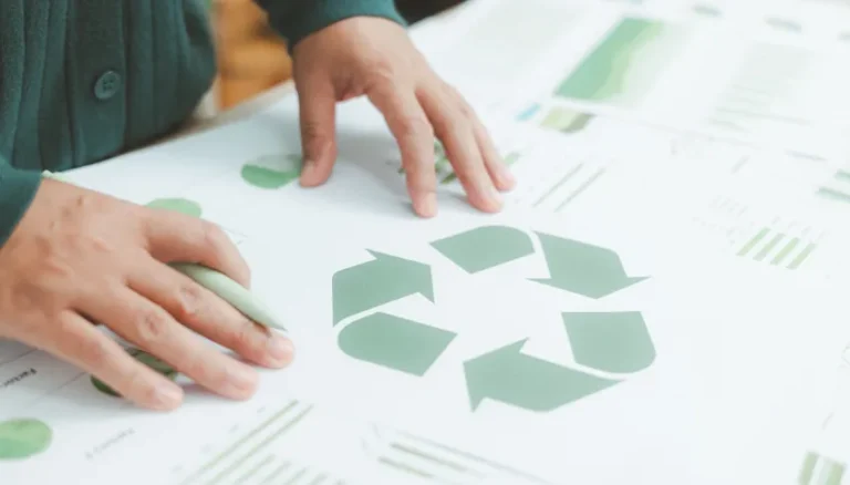 Personne manipulant des documents avec symbole de recyclage, illustrant la gestion des données pour l'économie circulaire et la durabilité.