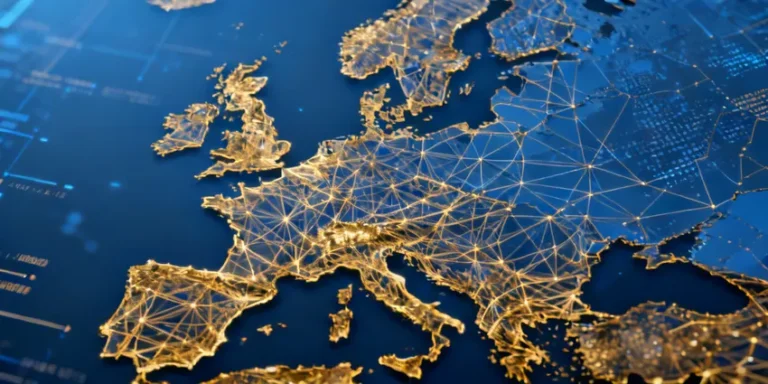 Carte numérique de l'Europe illustrant la connectivité des données et l'intelligence artificielle dans le contexte réglementaire européen.