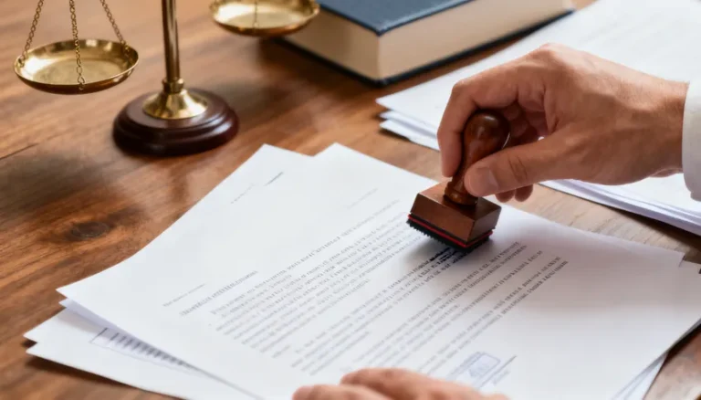 Personne tamponnant un document juridique sur un bureau en bois, avec une balance de justice en arrière-plan, illustrant l'audit de portefeuille de marques.
