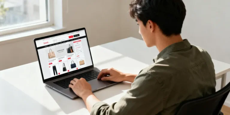 Jeune homme utilisant un ordinateur portable pour naviguer sur une boutique e-commerce, illustrant la conformité juridique pour les e-commerçants en 2026.