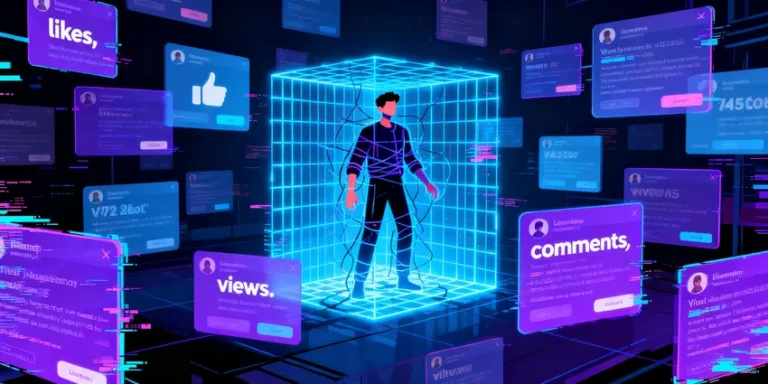 Illustration représentant un homme connecté à un environnement numérique avec des icônes de likes, commentaires et vues, symbolisant l'impact des influenceurs et plateformes en ligne.