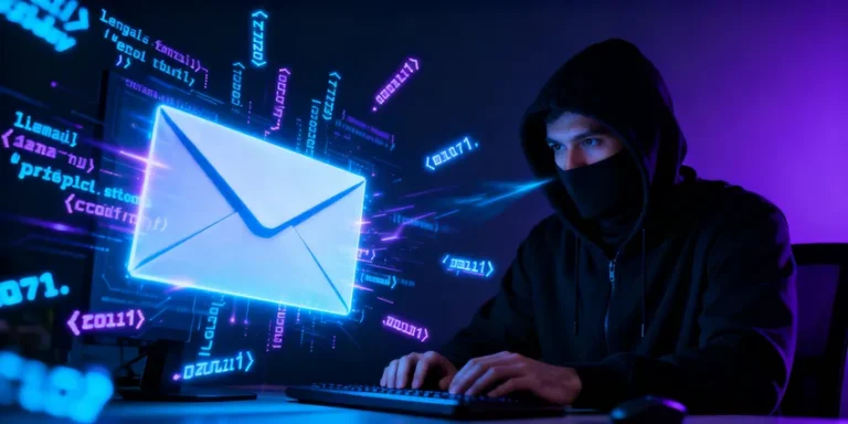 Piratage d’une messagerie électronique, illustré par un hacker masqué manipulant un ordinateur avec une icône d’enveloppe numérique.