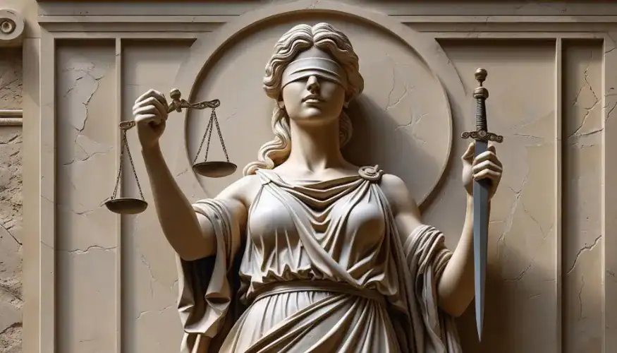 Statue de la justice avec balance et épée, symbolisant la protection juridique des marques contre la contrefaçon générée par l'IA.