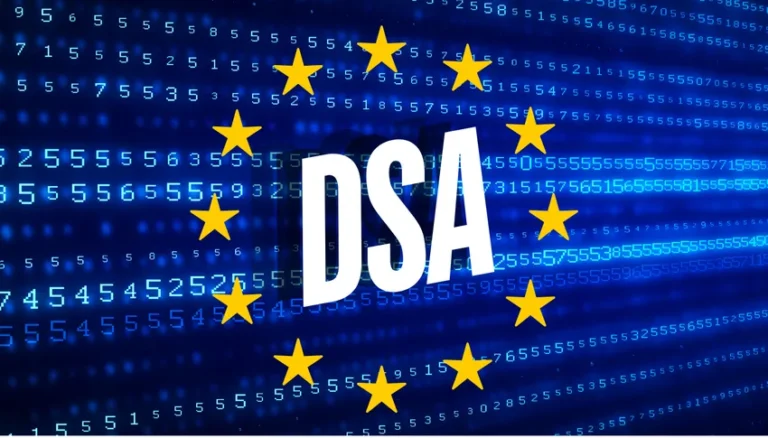 Illustration représentant la protection des données personnelles avec le sigle DSA entouré d'étoiles jaunes sur fond numérique bleu, symbolisant la réglementation européenne.