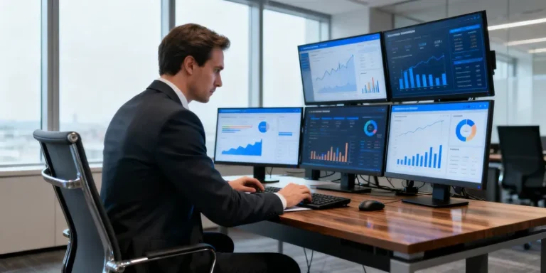 Homme d'affaires analysant des données sur plusieurs écrans pour anticiper les contrôles CNIL 2026 dans différents secteurs.
