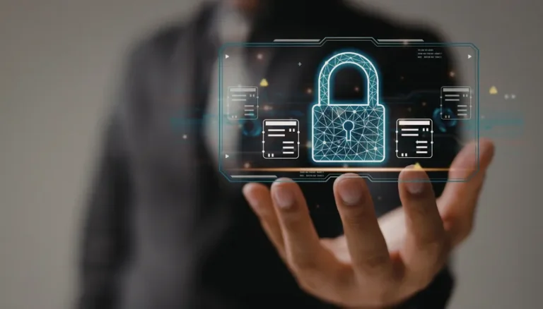 Illustration d'une serrure numérique holographique symbolisant la cybersécurité et la protection des données dans un contexte stratégique pour les conseils d'administration.