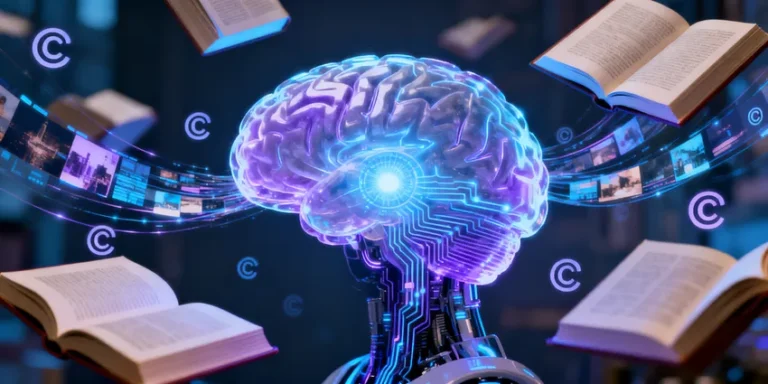 Illustration d'un cerveau numérique connecté à des livres et des données, symbolisant l'intersection entre l'intelligence artificielle et le droit d'auteur dans un contexte juridique.