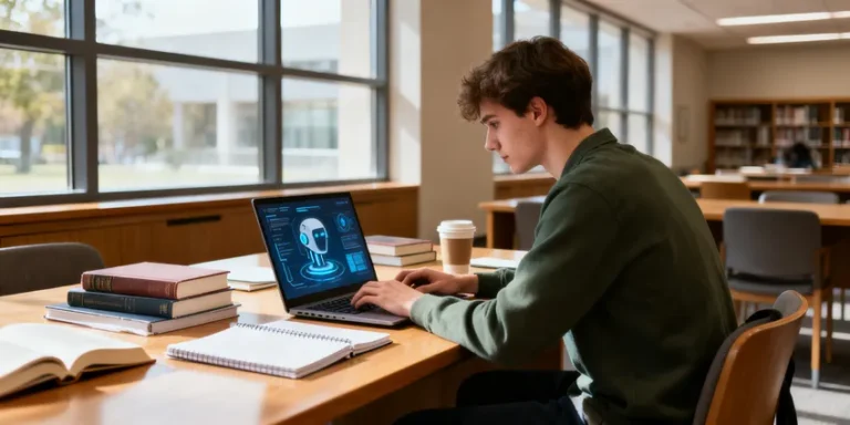 Jeune homme concentré travaillant sur un ordinateur portable dans une bibliothèque universitaire, illustrant la recherche juridique et l'étude en droit.