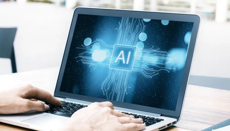 Illustration de l'IA avec un symbole numérique sur un ordinateur portable, évoquant les enjeux juridiques liés à l'intelligence artificielle et la cybersécurité pour les entreprises.