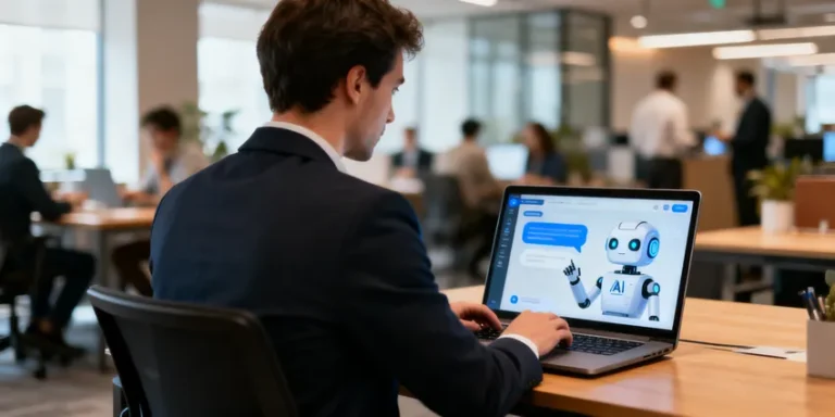 Professionnel utilisant un ordinateur portable avec un robot IA dans un environnement de bureau moderne, illustrant la gestion de l'intelligence artificielle en entreprise.