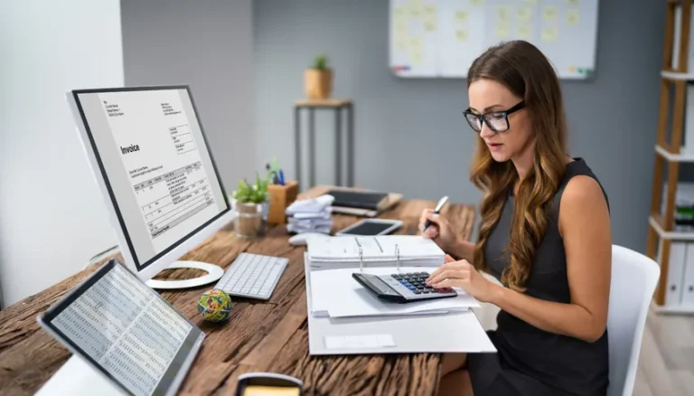 Femme avocat travaillant à son bureau avec documents, ordinateur et calculatrice, illustrant les services juridiques et fiscaux professionnels.