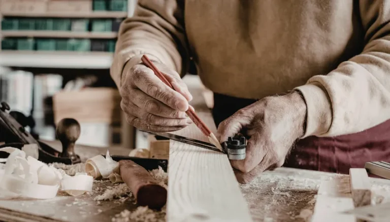 Artisan travaillant le bois avec des outils traditionnels.