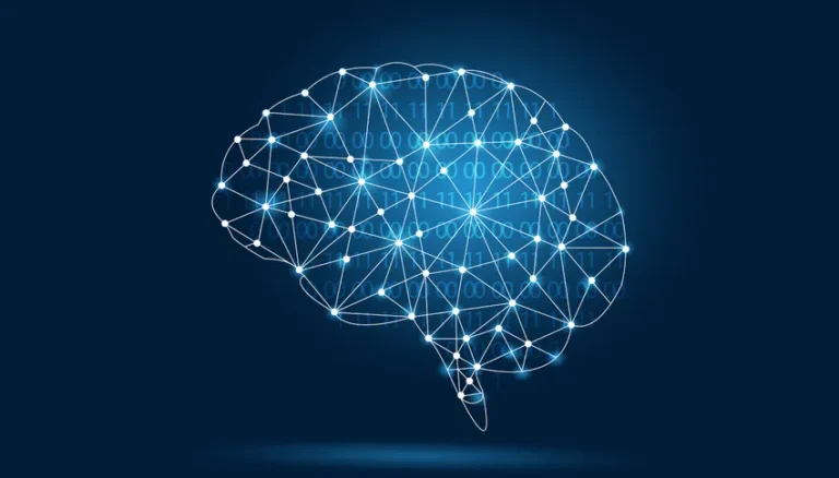 Illustration d'un cerveau numérique connecté avec des lignes et des points lumineux, symbolisant l'intelligence artificielle et la technologie avancée.