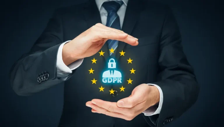 Image d'un homme d'affaires en costume protégeant un symbole GDPR avec un cadenas, illustrant la conformité et la sécurité des données personnelles.