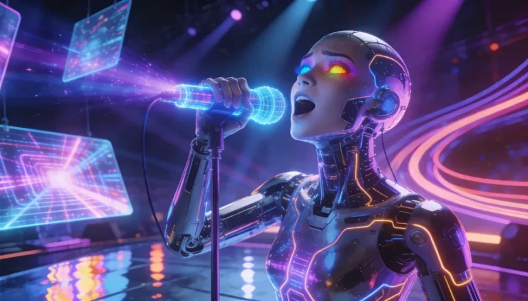 Robot vocaliste futuriste chantant avec micro dans un décor numérique vibrant.