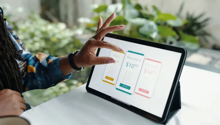 Personne utilisant une tablette pour gérer une tarification dynamique avec différentes options de prix, illustrant la flexibilité tarifaire encadrée par des règles.