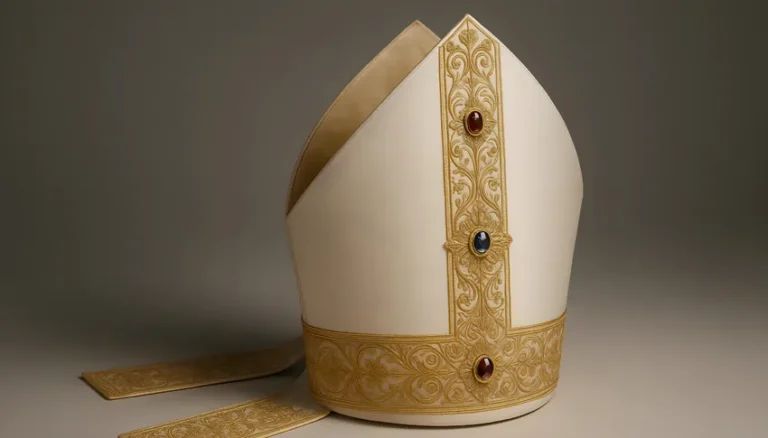 Coiffe d'évêque en or et ivoire avec détails ornementaux, symbolisant la tradition religieuse et l'autorité spirituelle.