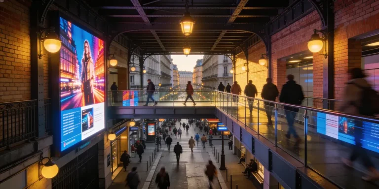 Espace commercial avec écrans numériques et passants, ambiance urbaine en soirée, architecture contemporaine.