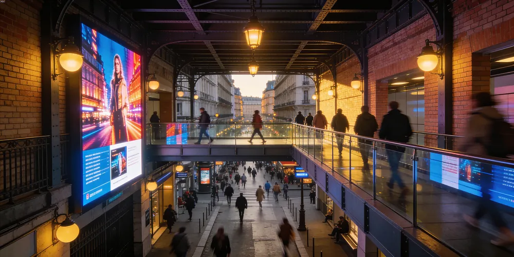 Espace commercial avec écrans numériques et passants, ambiance urbaine en soirée, architecture contemporaine.